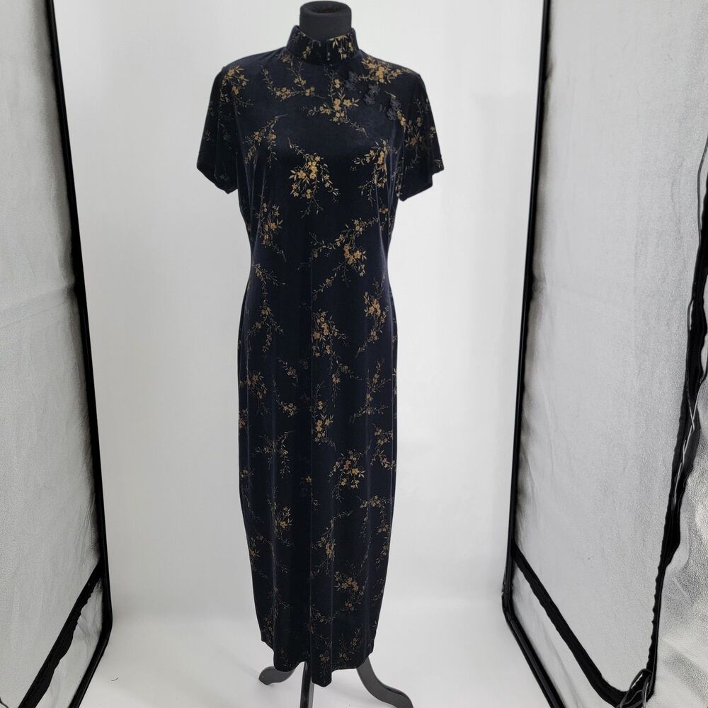 Amanda Smith Womens 12 Black Gold Velvet Asian Inspired Maxi Sheath Dress